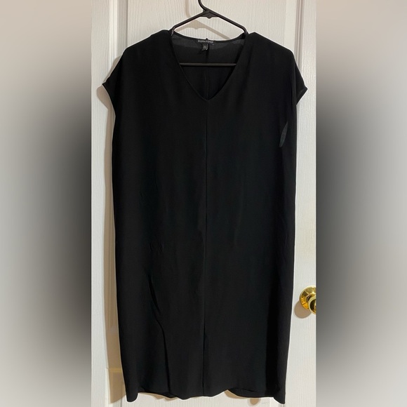 Eileen Fisher Silk Boxy Oversized V-Neck Rouched Sleeveless Black Dress Size XXS - Picture 1 of 9